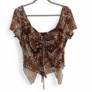 Y2K MIXED THREADS FAIRYCORE LEOPARD PRINT SHORT SLEEVE HANDKERCHIEF TOP SIZE XL